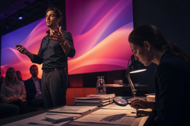 A persuasive presentation being evaluated against evidence by an audience member