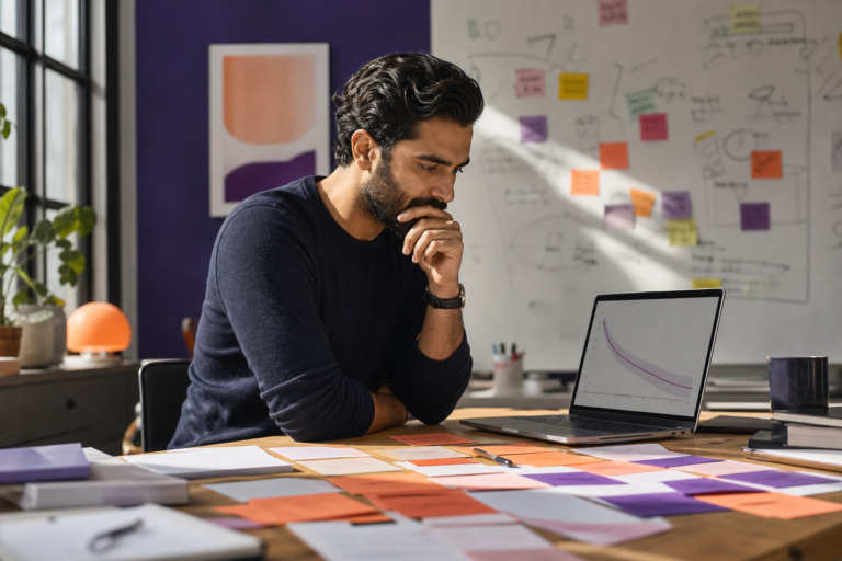 An entrepreneur comparing startup claims with notes and business evidence